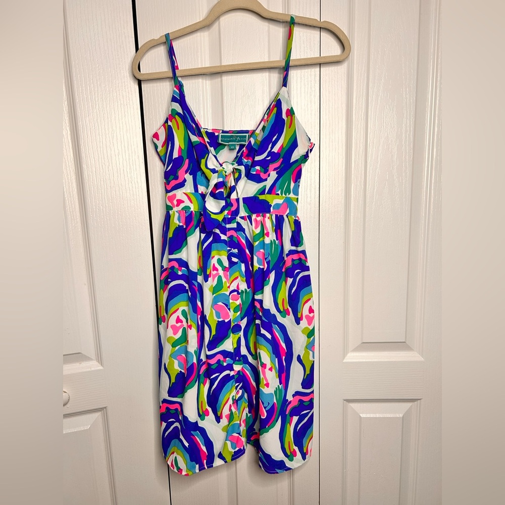 Southern Flock Women’s Colorful Abstract V-Neck Spaghetti Straps Mini Dress XS